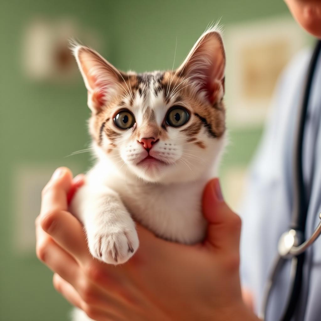 Kitten held gently by a vet