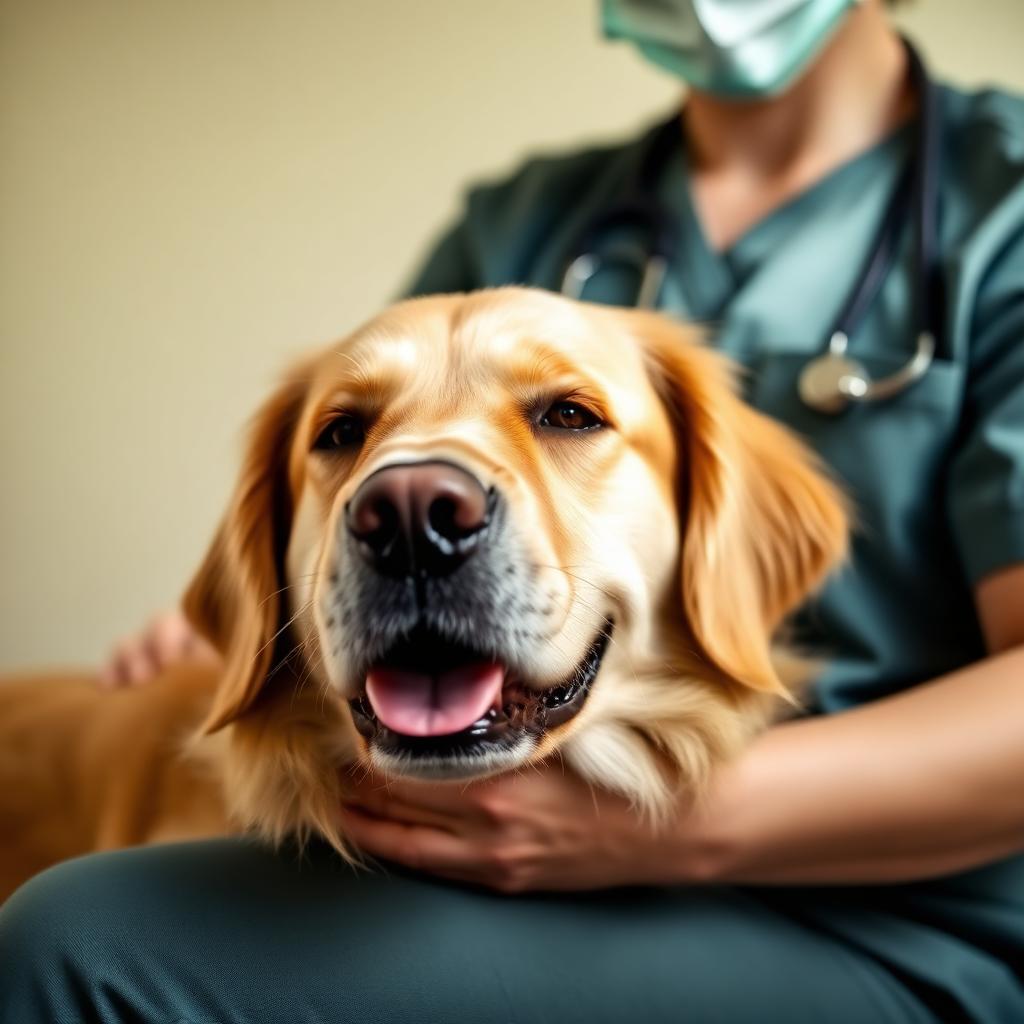 Dog cuddled by a vet